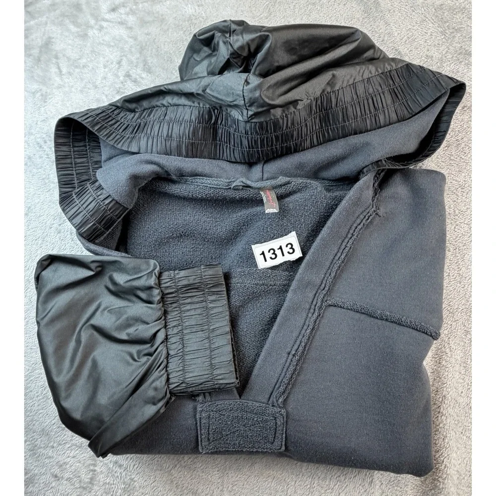 Free People FP Movement Hoodie Gray Large Oversized Mixed Media Smocked‎ Sleeves
